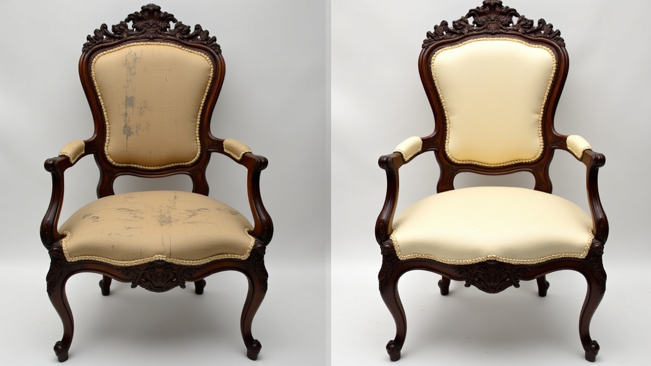 Before and after of a restored Victorian chair