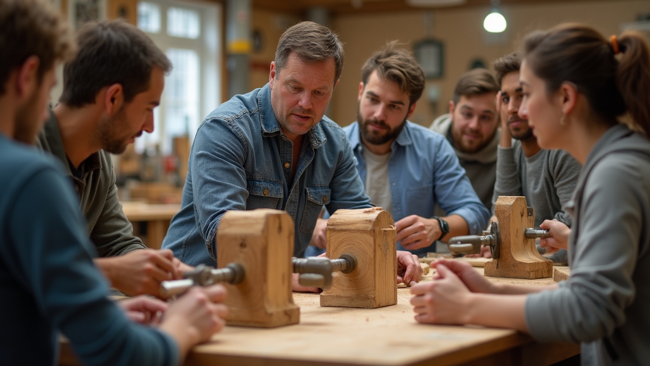 Beginners learning woodworking techniques in a workshop class